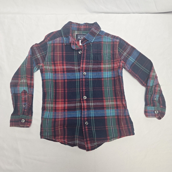 Boys The Children's Place Red Green plaid Print Button down Shirt Size 4T - Picture 1 of 8